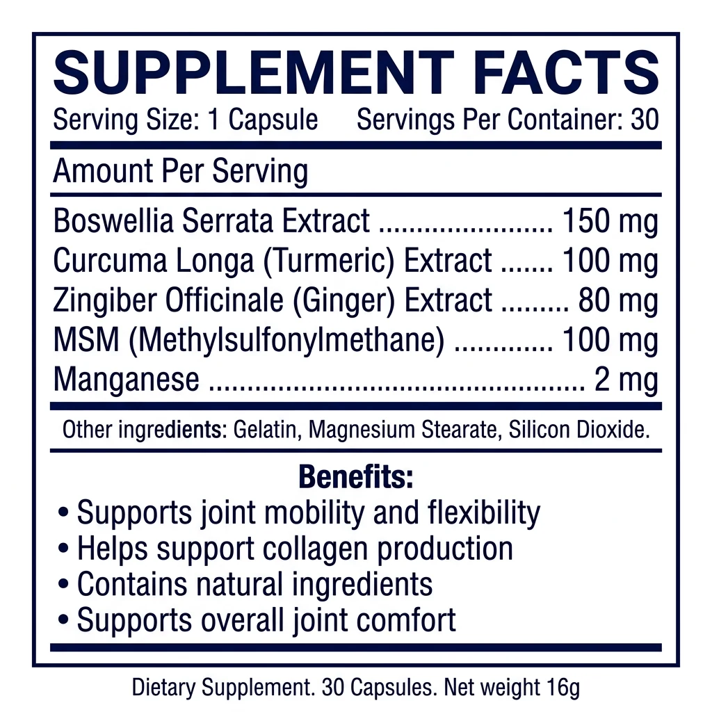 Voltarex Forte skład: boswellia 150 mg, kurkuma 100 mg, imbir 80 mg, MSM 100 mg, mangan 2 mg
